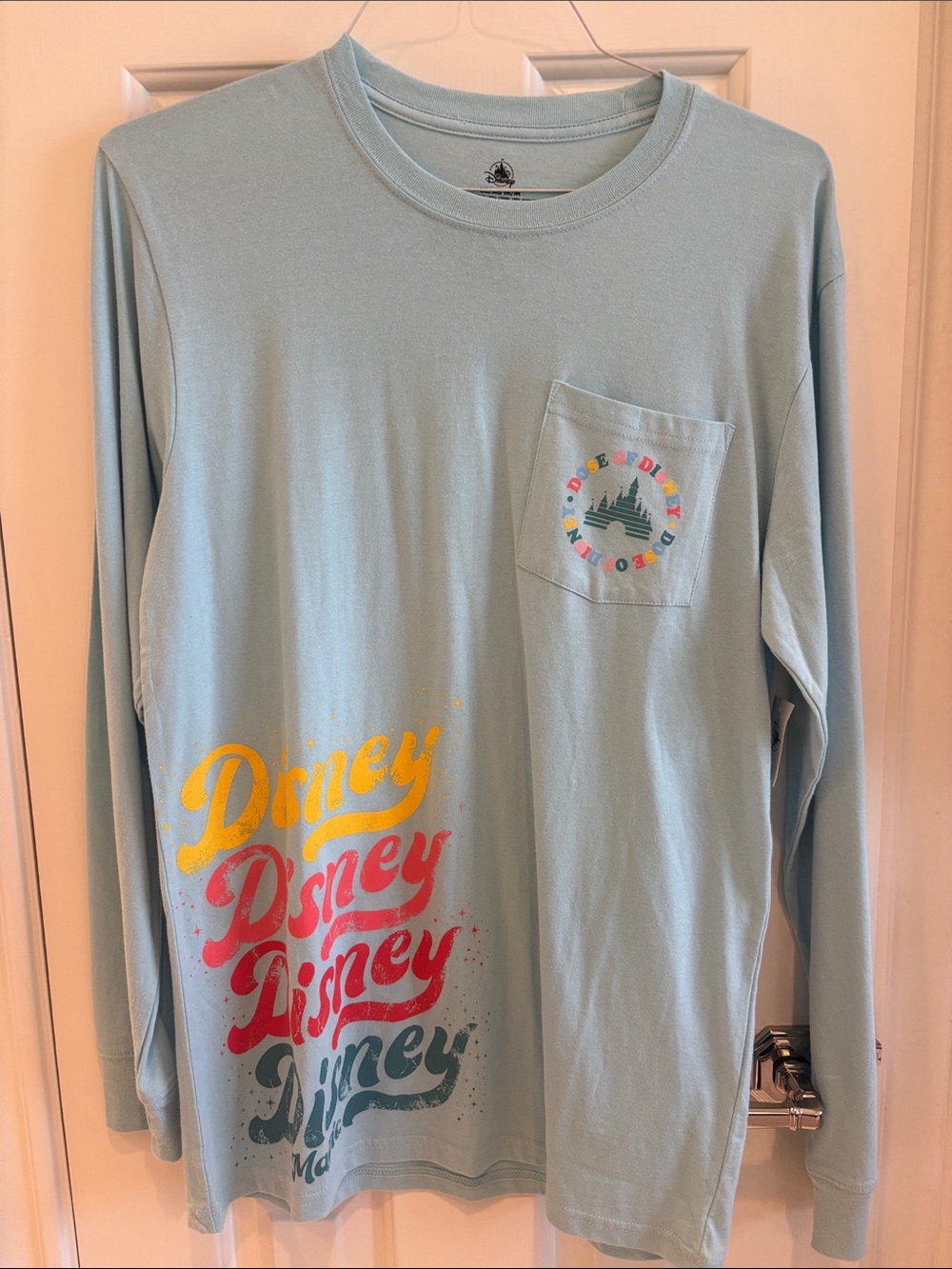 Dose of Disney Light Blue Long Sleeve Tee with Multicolor Script